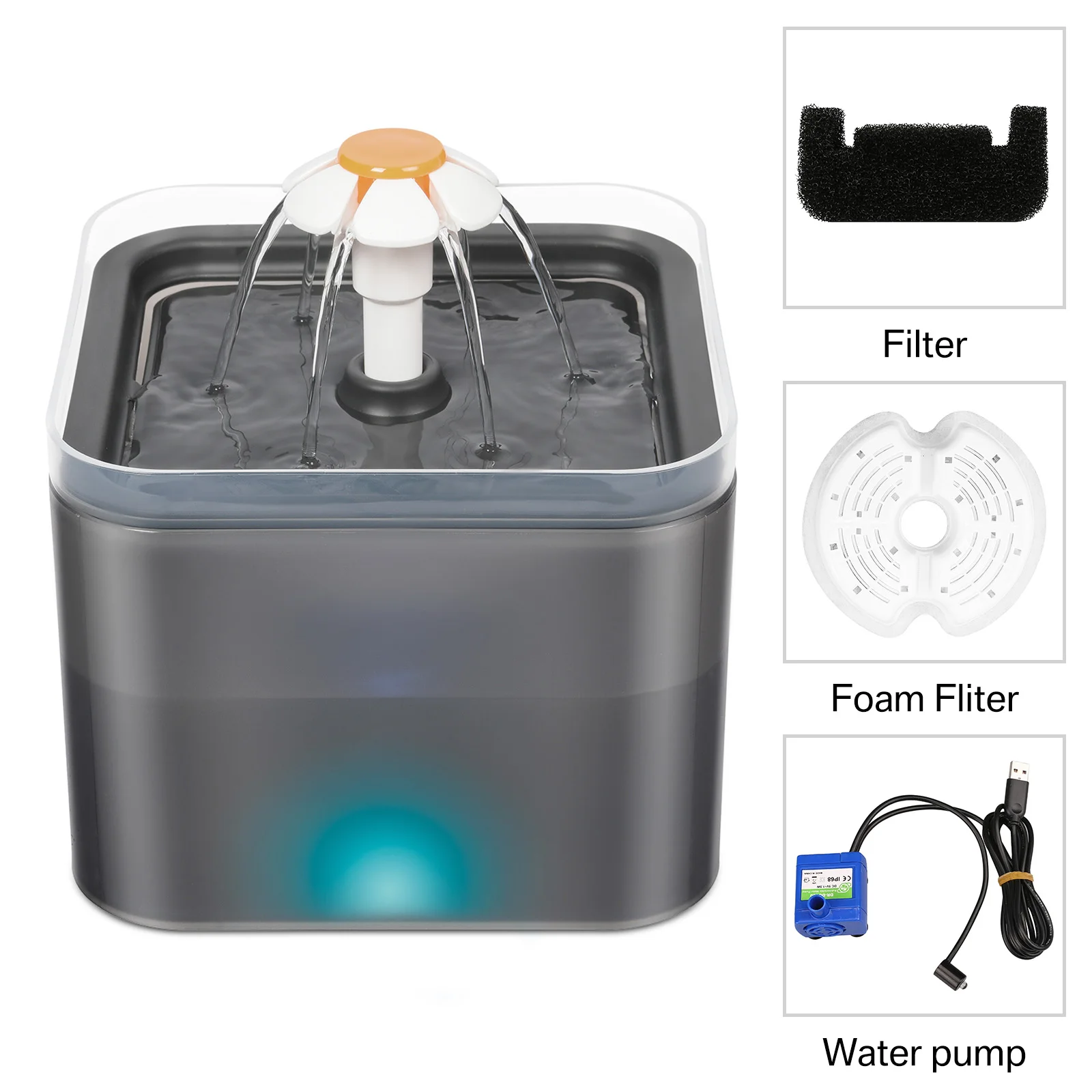 Vista frontal de la fuente de agua para gatos mostrando el flujo de agua y el panel LED