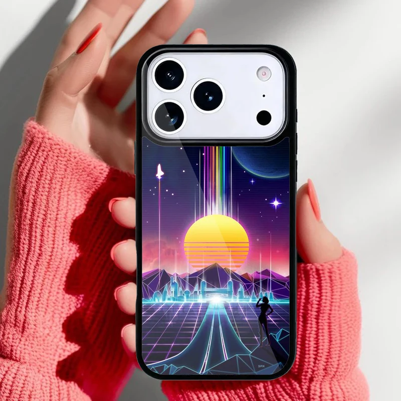 Detalle del degradado neon y la silueta retro en la funda