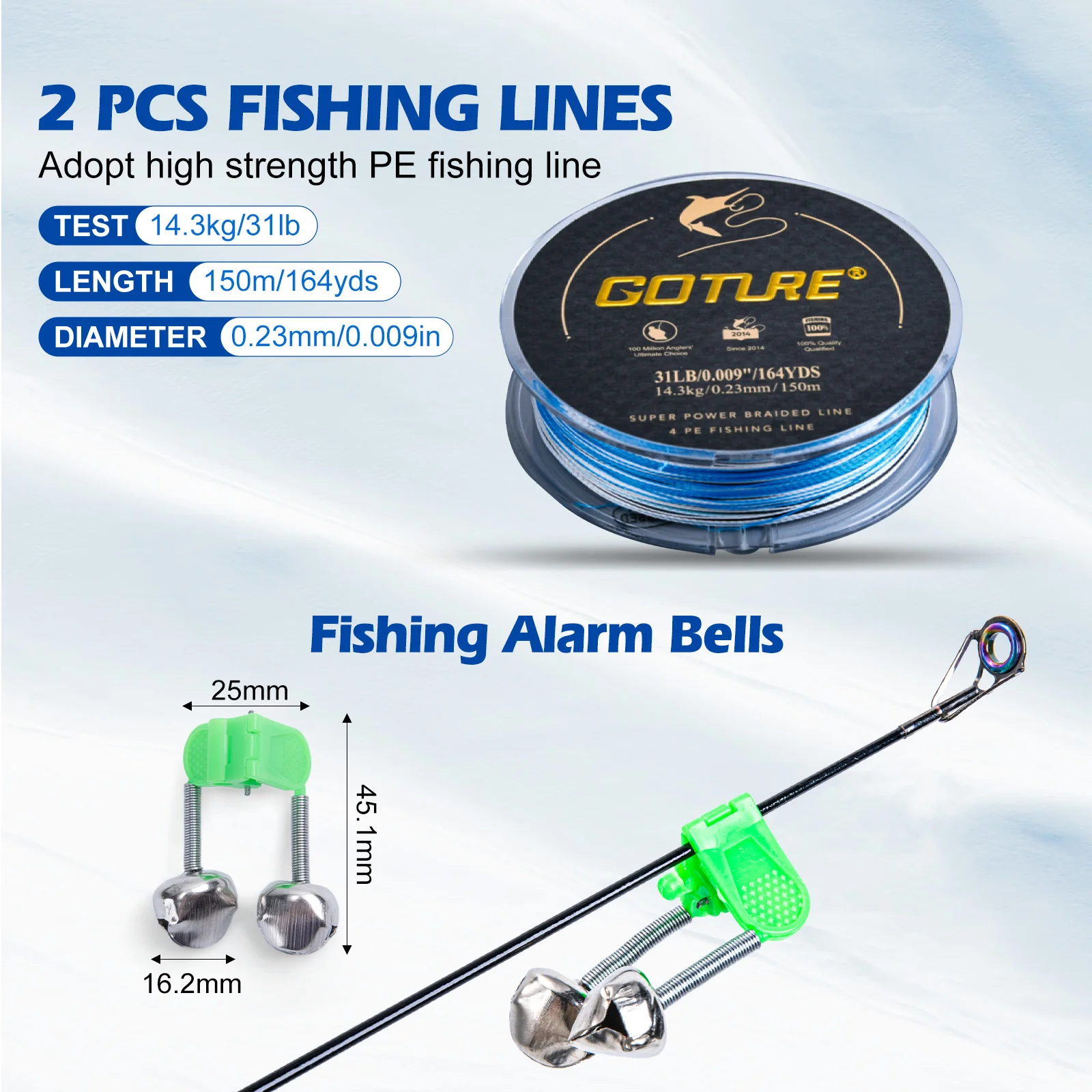 Accesorios de pesca incluidos: alicates, tijeras, sujetador de peces y sedal trenzado