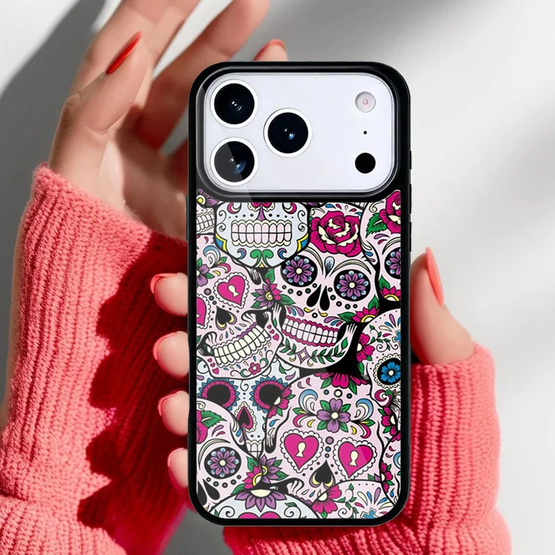 Funda iPhone con diseño calavera y flores retro