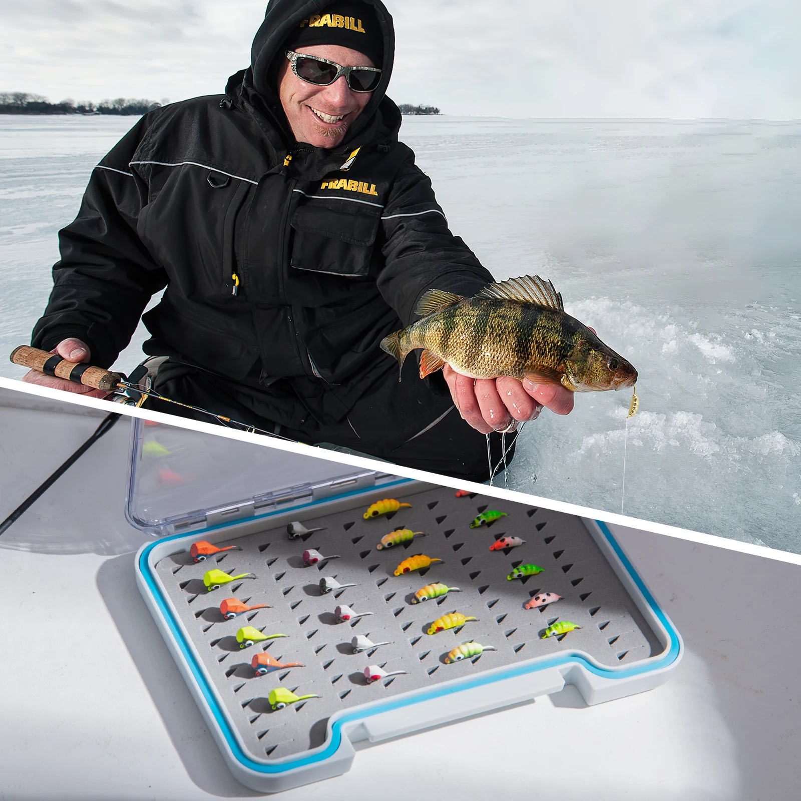 Vista completa del set de 24 cebos de tungsteno Goture para pesca en hielo