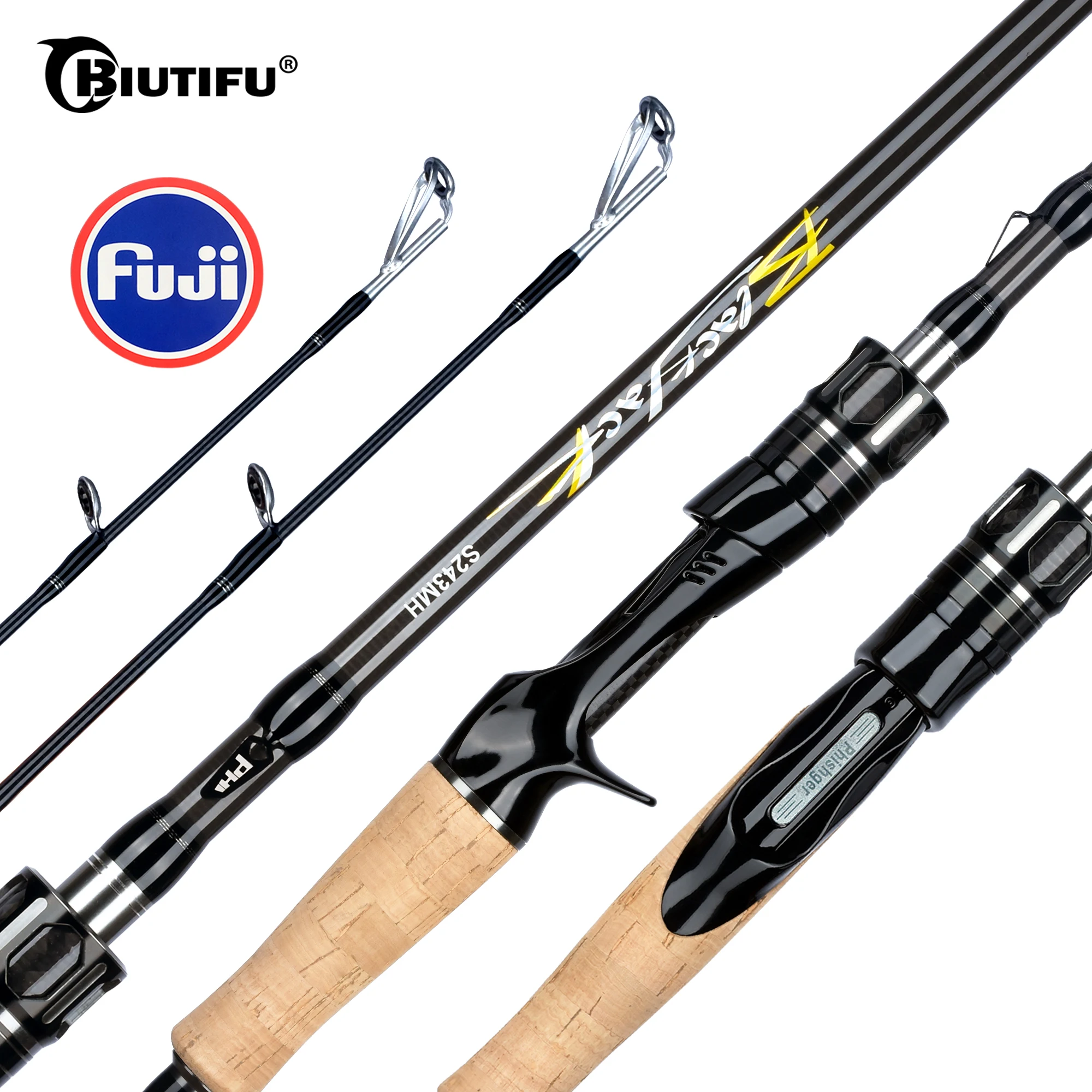 BIUTIFU Caña baitcasting de viaje – Carbono guías Fuji potencia ML-MH