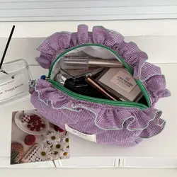 Bolsa de Maquillaje Vintage de Cuadros con Organizador y Volantes