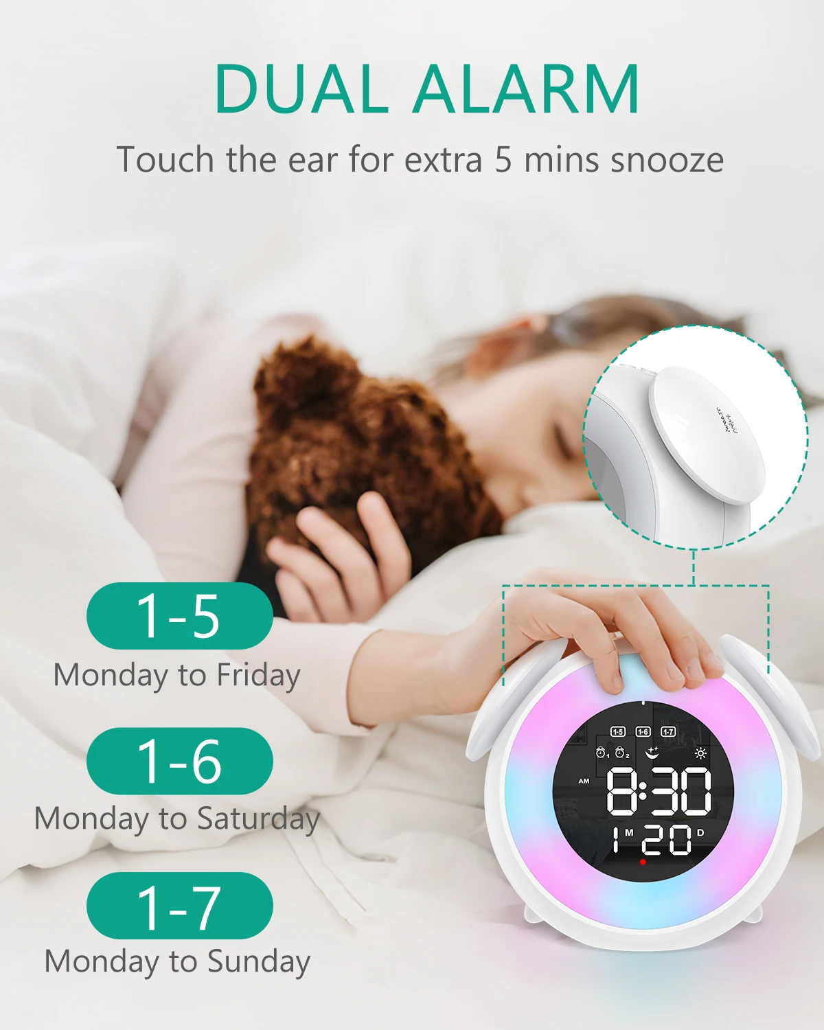 ORIA Despertador infantil multicolor con luz nocturna y doble alarma - imagen 5