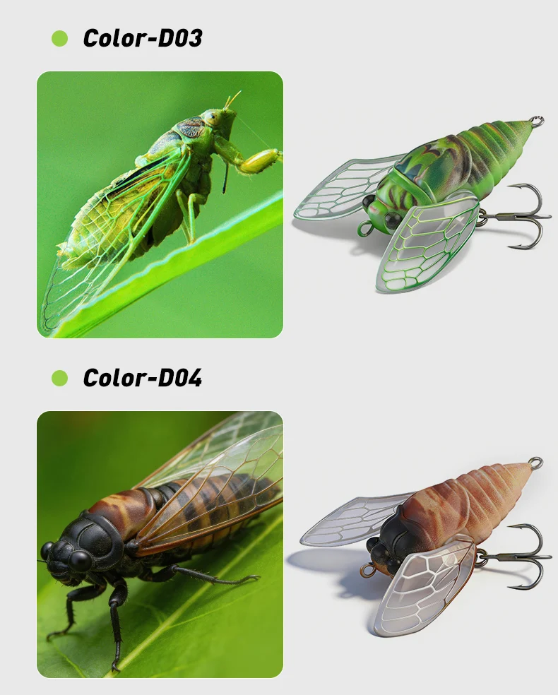 Variante de color del señuelo Kingdom Cicada mostrando el patrón de camuflaje