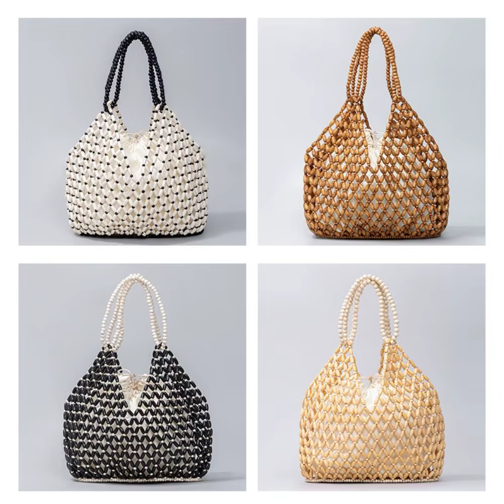 Bolso bandolera tipo cubo con cuentas, tejido a mano, para mujer