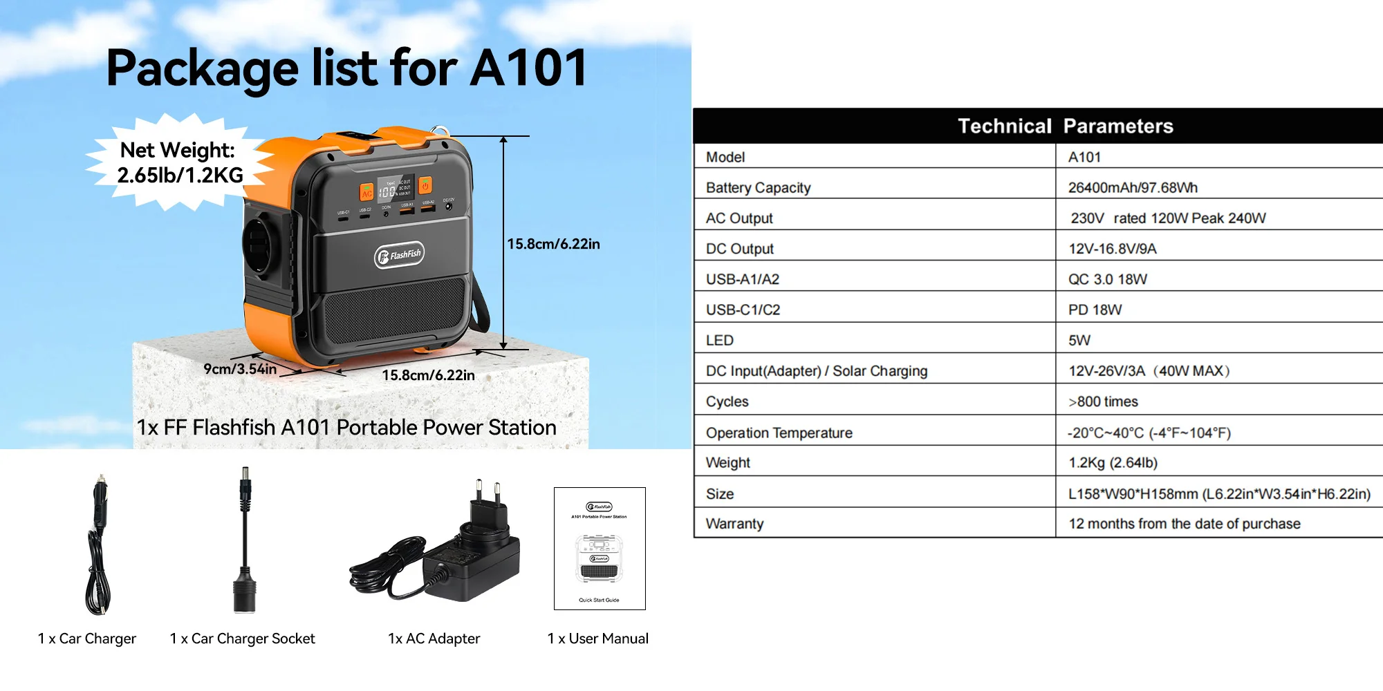 Vista frontal del generador FlashFish A101 con panel solar