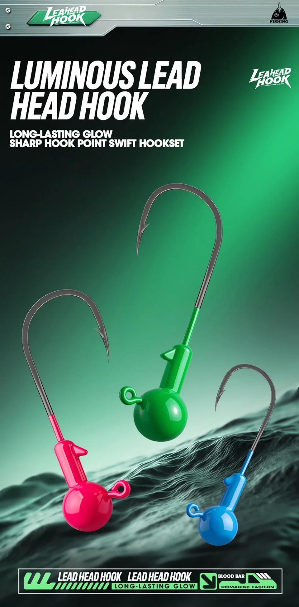 Anzuelos de jigging metálicos con cabeza de bola y vástago luminoso