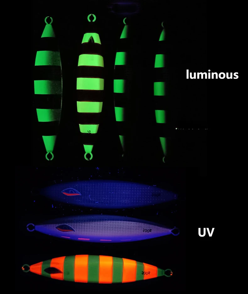 Variantes de color del señuelo con acabados brillantes y luminiscentes