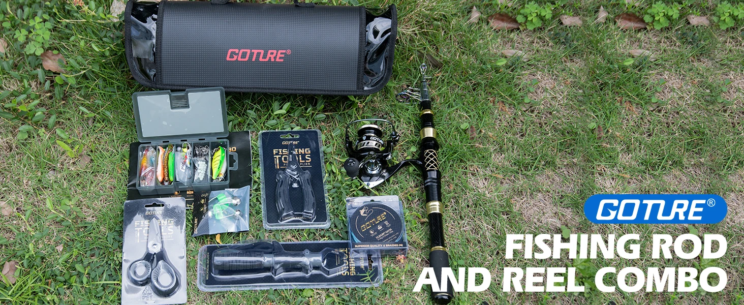 Kit completo de pesca Goture con caña telescópica, carrete y accesorios