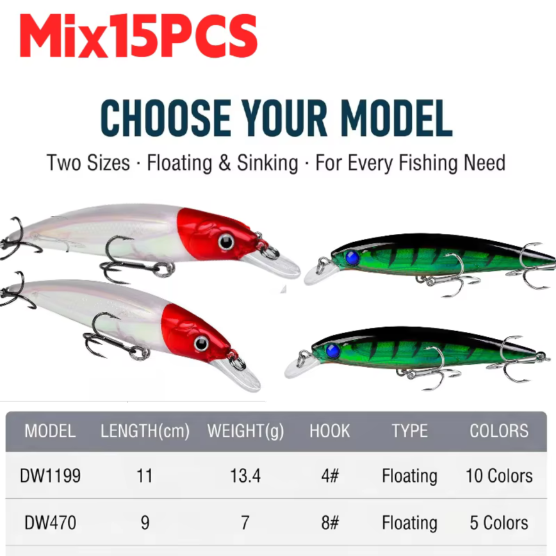 Señuelos Minnow y Crankbait Surtidos Flotantes y Hundidos para Lubina