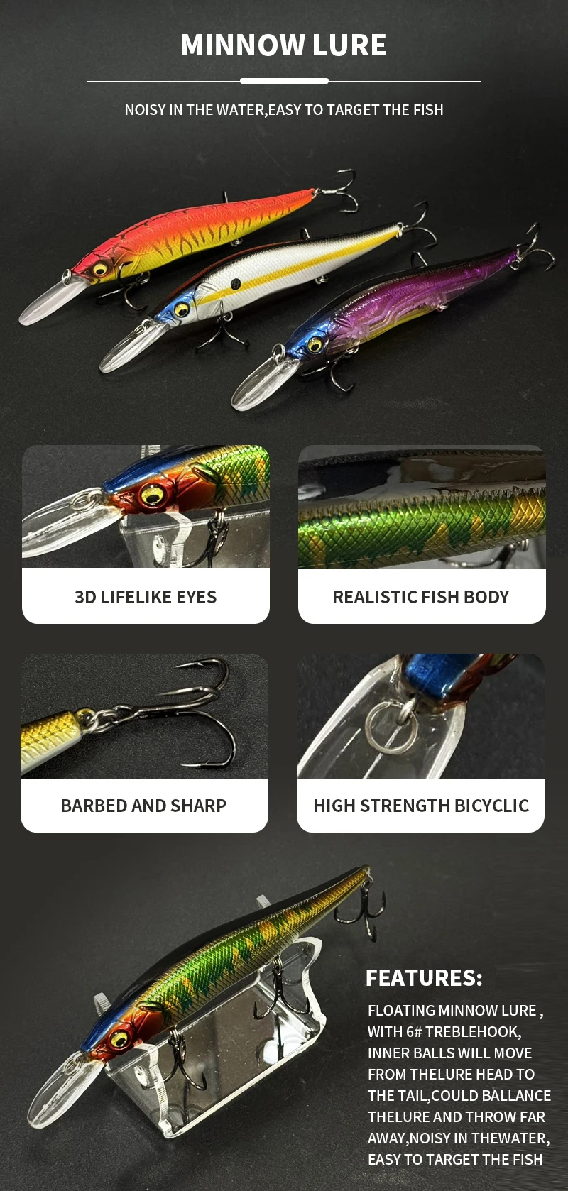 Señuelo de pesca flotante suspendido con diseño de pececillo