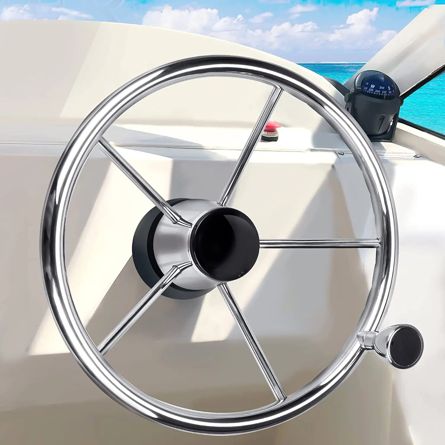 Volante de barco acero inoxidable pulido con perilla control - imagen 3