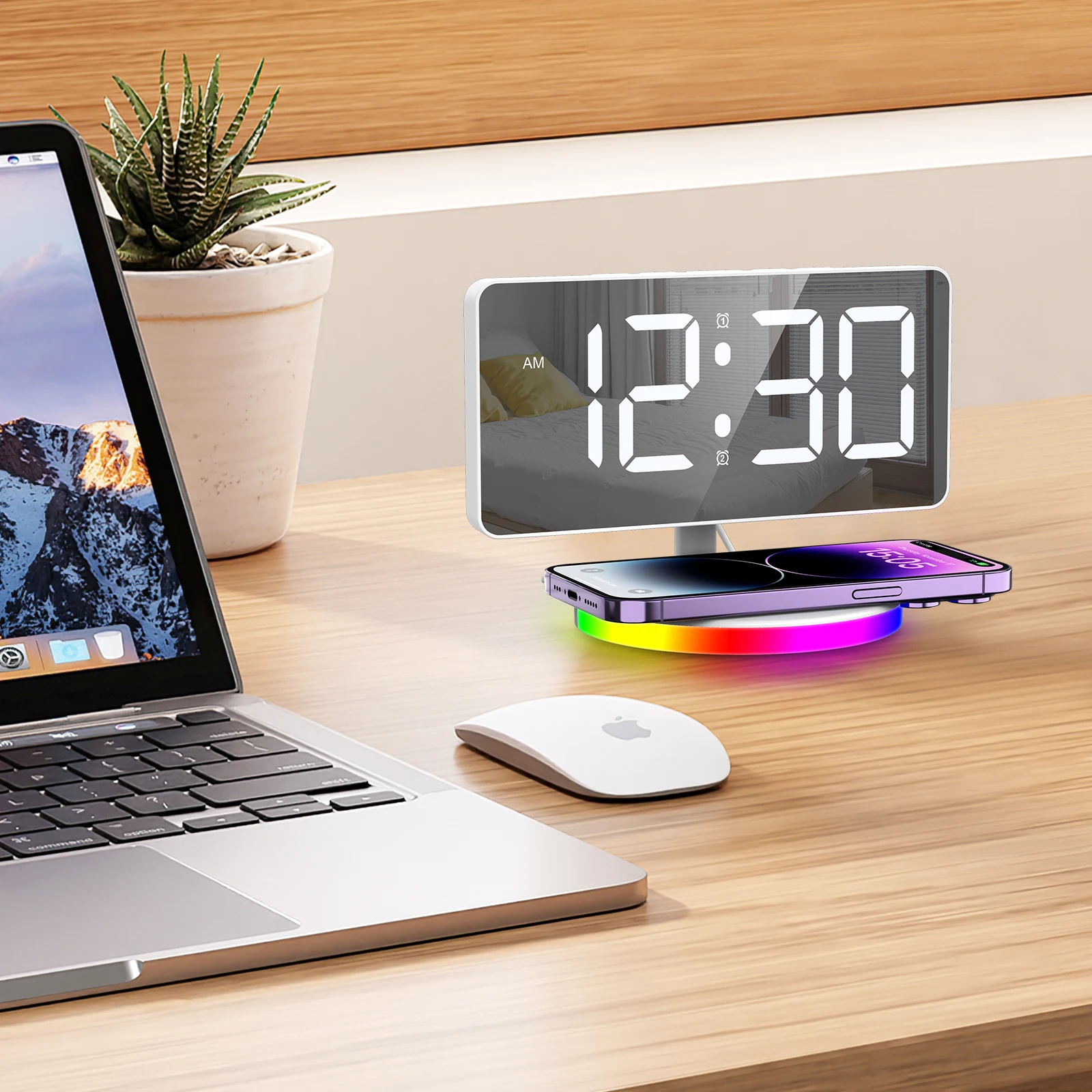 Reloj despertador con espejo LED y luz ambiente