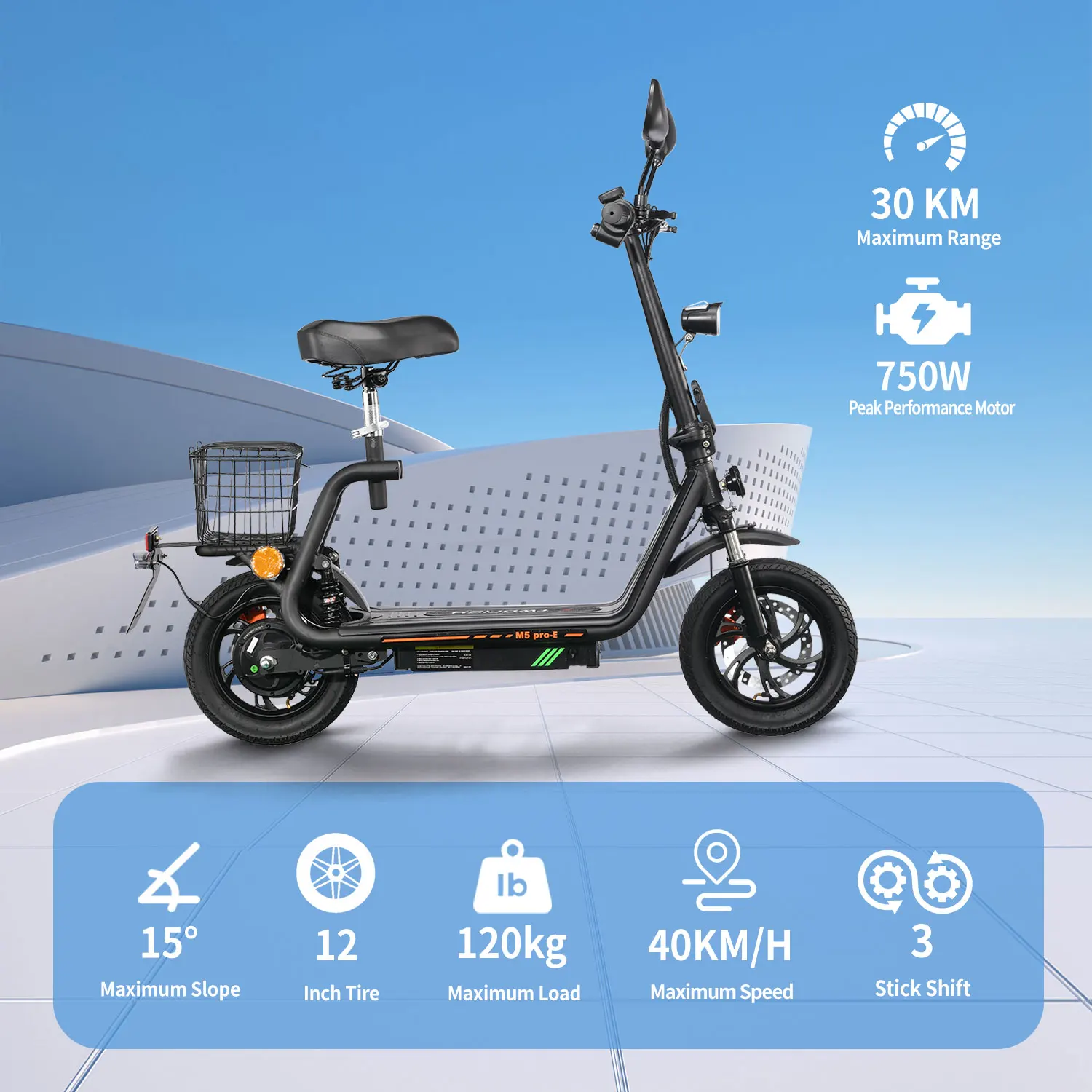Patinete eléctrico TWOFISH M5 PRO-E con asiento y cesta trasera - imagen 2