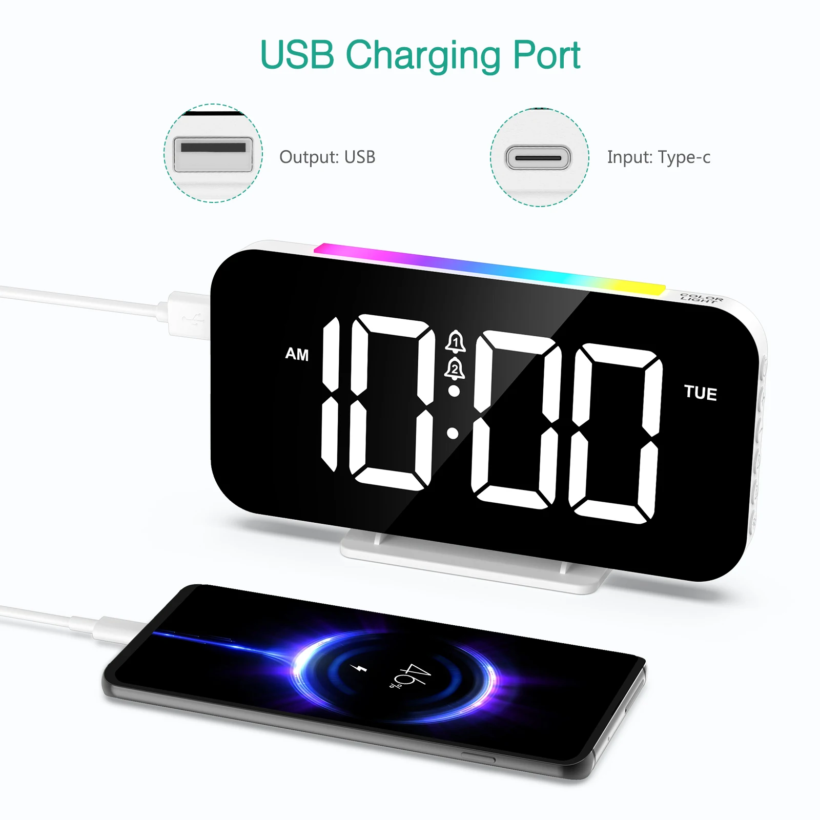 ORIA Despertador Digital LED grande, doble alarma y luz 10 colores - imagen 5