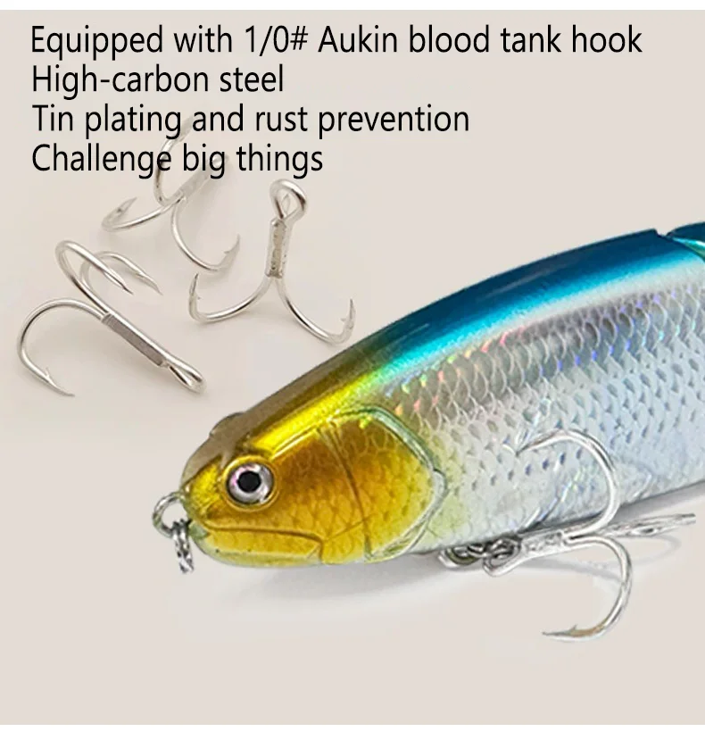 Detalle del señuelo swimbait con anzuelos afilados