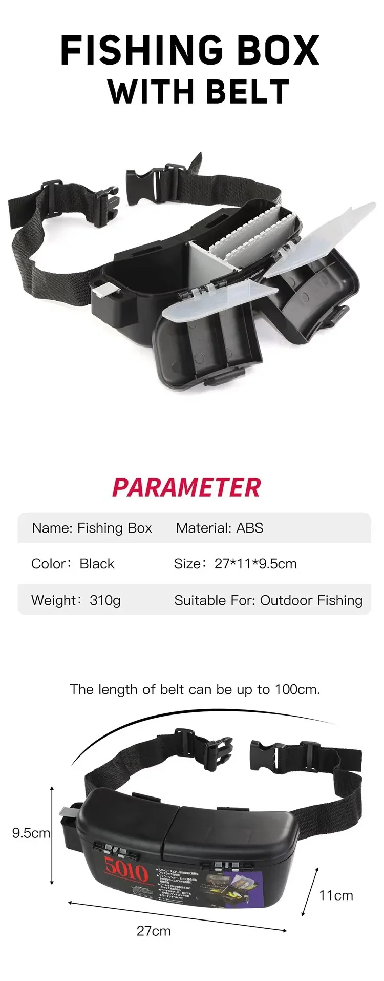 Caja de pesca de cintura con cinturón vista frontal