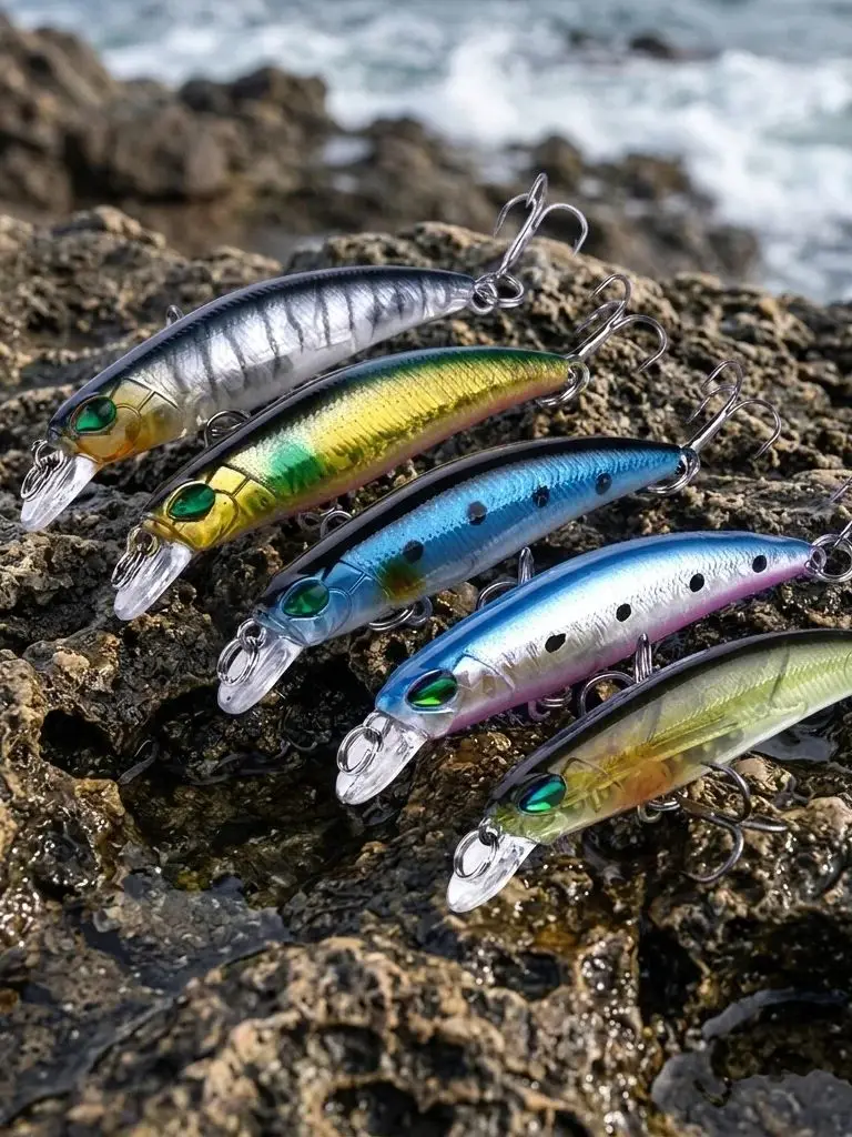 Señuelo Minnow mostrando su forma y anzuelos triples
