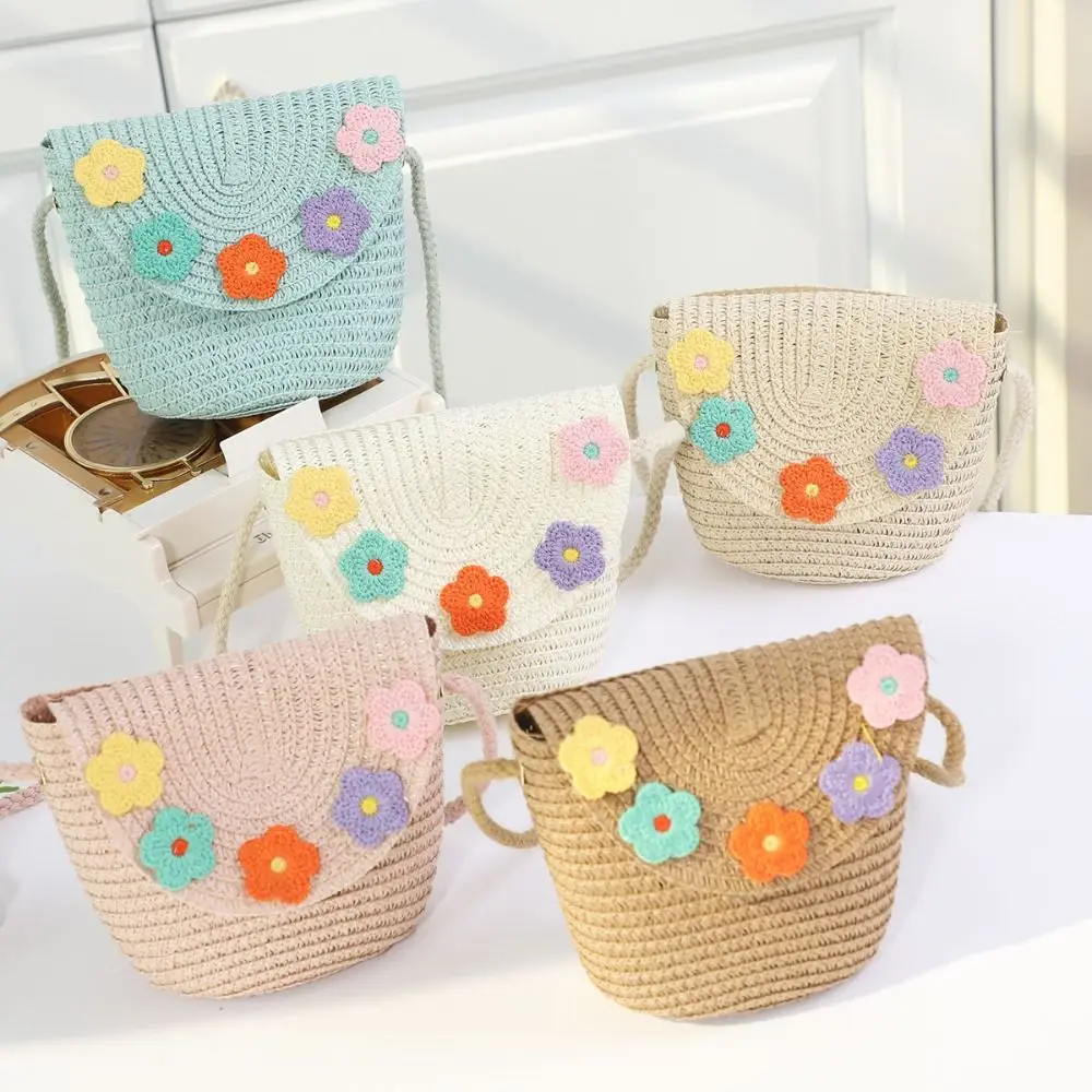 Bolso bandolera mini de paja artesanal con flores para niñas - imagen 5