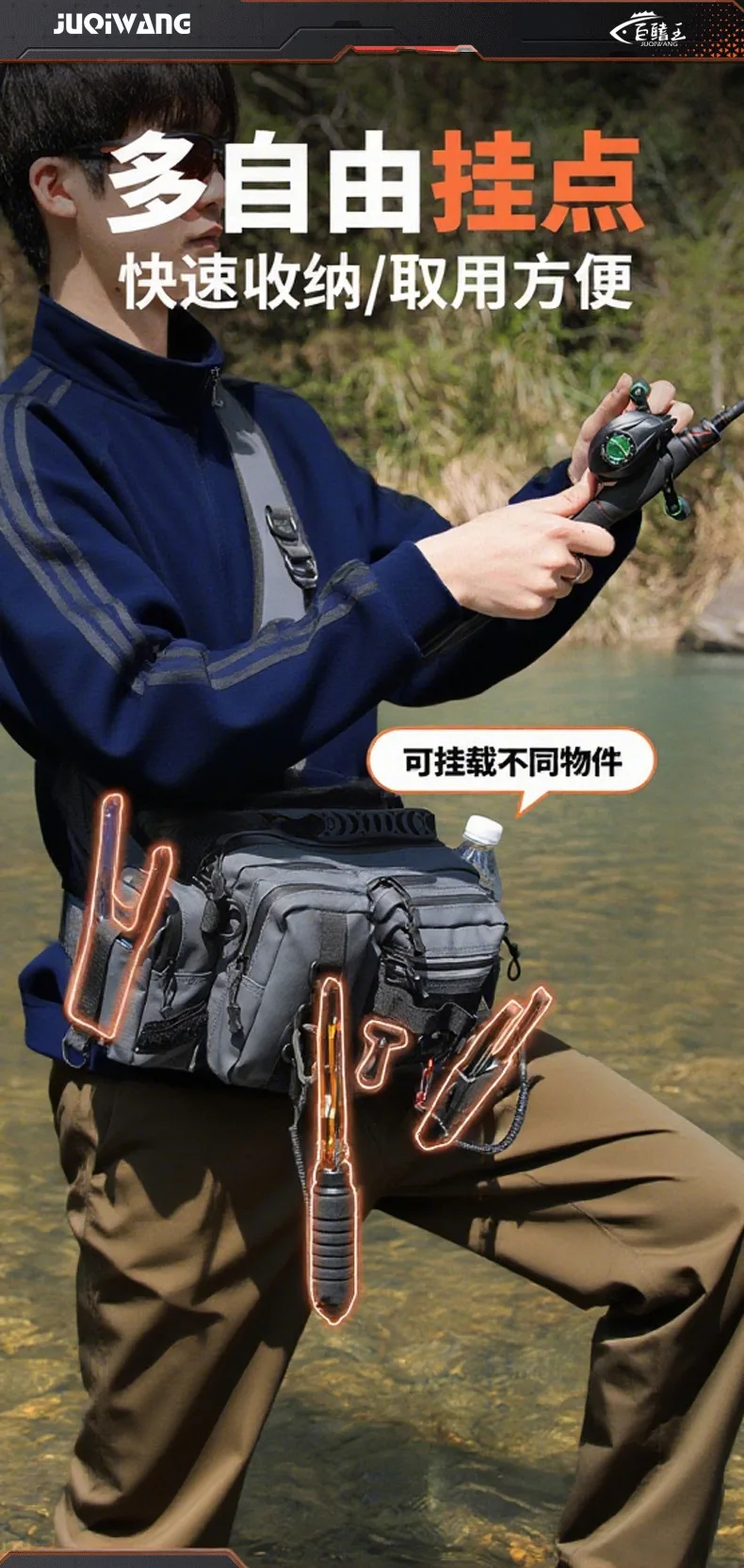 Bolsa de pesca en uso con equipo organizado