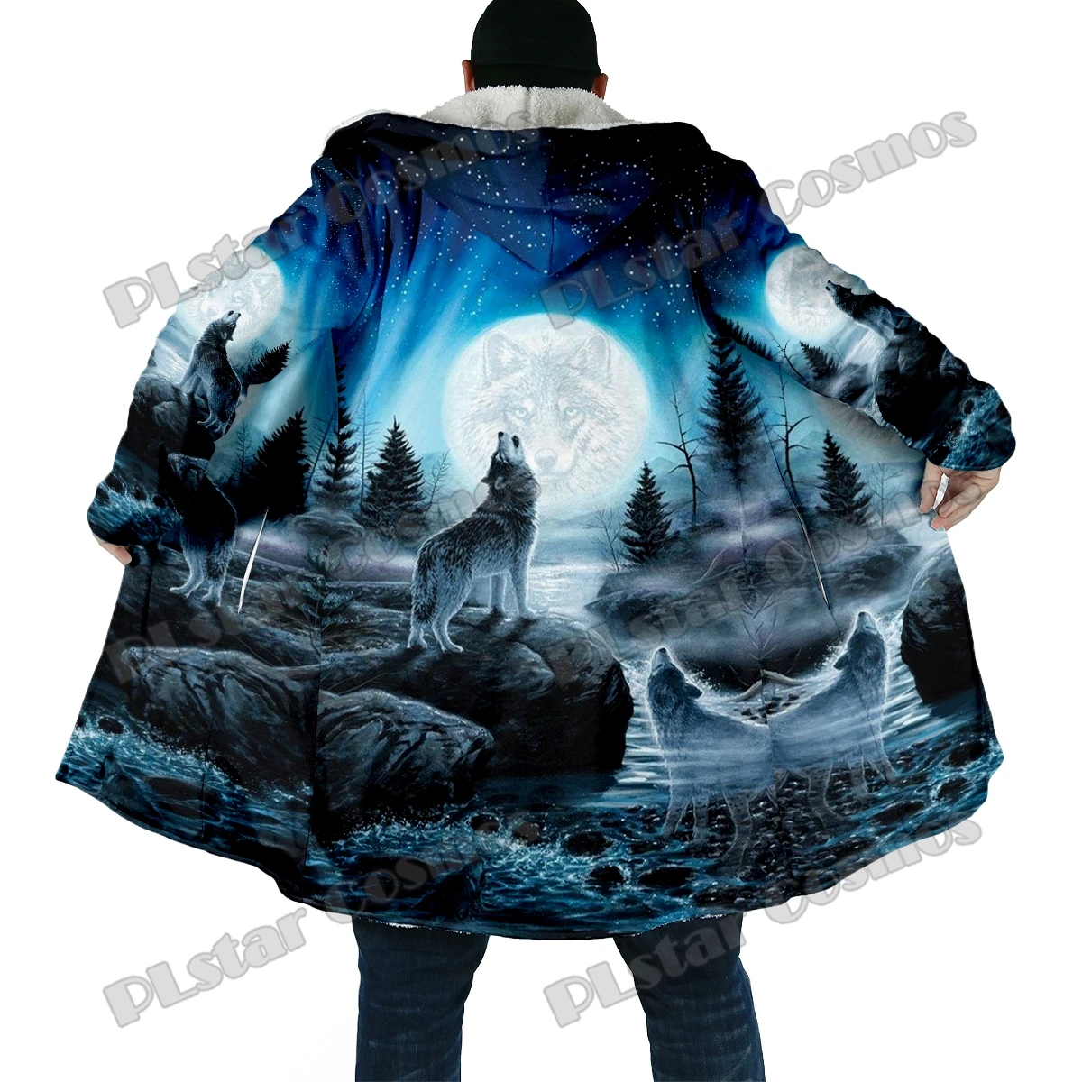 Capa de lana con capucha gruesa estampado 3D lobo y luna - imagen 2
