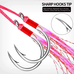 Anzuelos de asistencia jigging doble púa – Pluma rosa acero carbono
