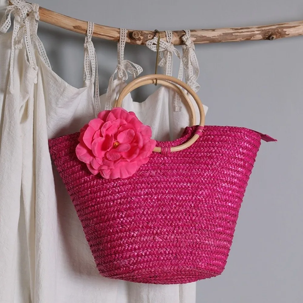 Bolso de playa bohemio paja tejida ecológico con flores y asa superior - imagen 5