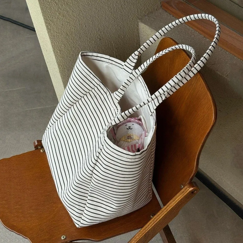 Bolsa de lona a rayas gran capacidad con asa portátil y resistente