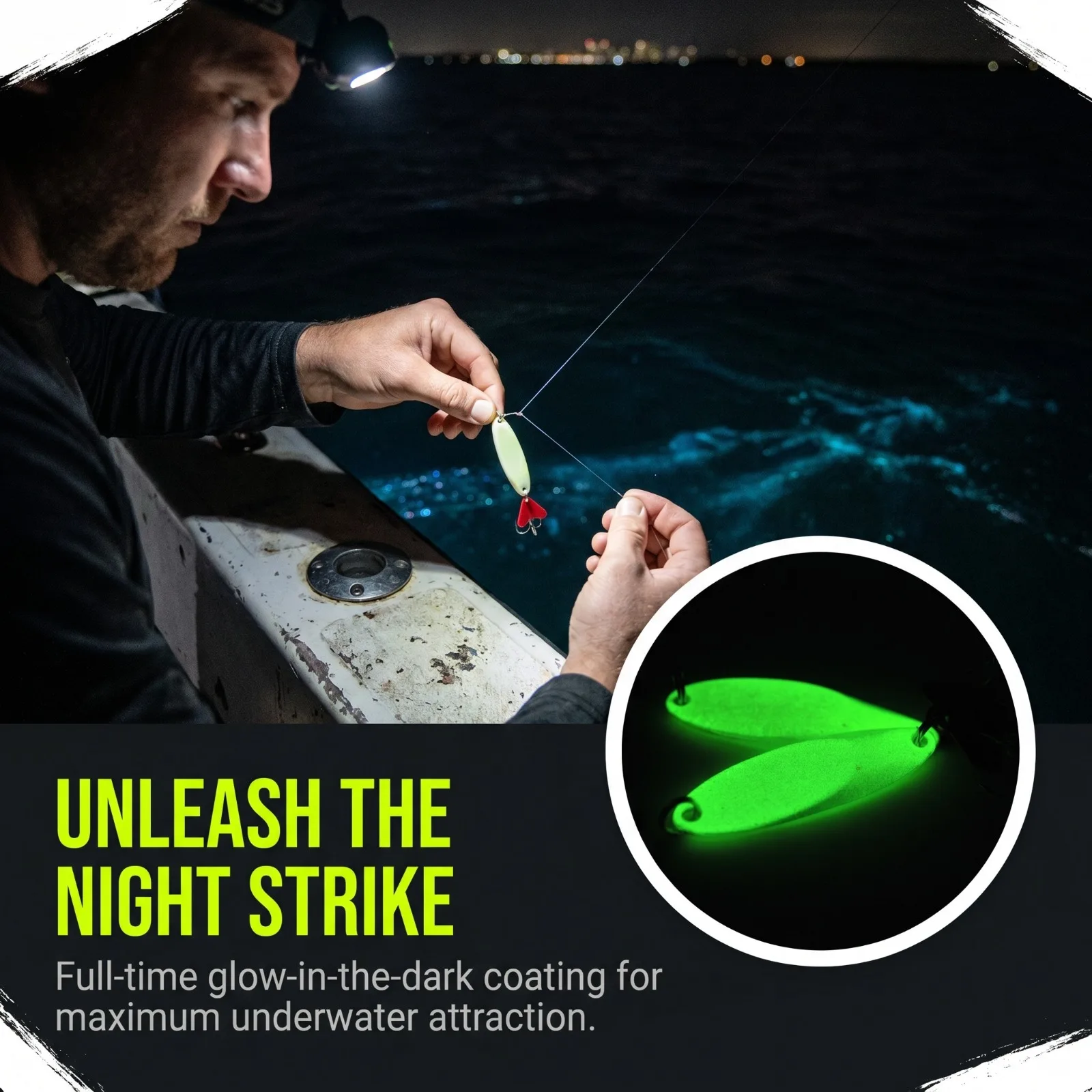 Cuchara luminosa para pesca nocturna con anzuelo triple lubina - imagen 4