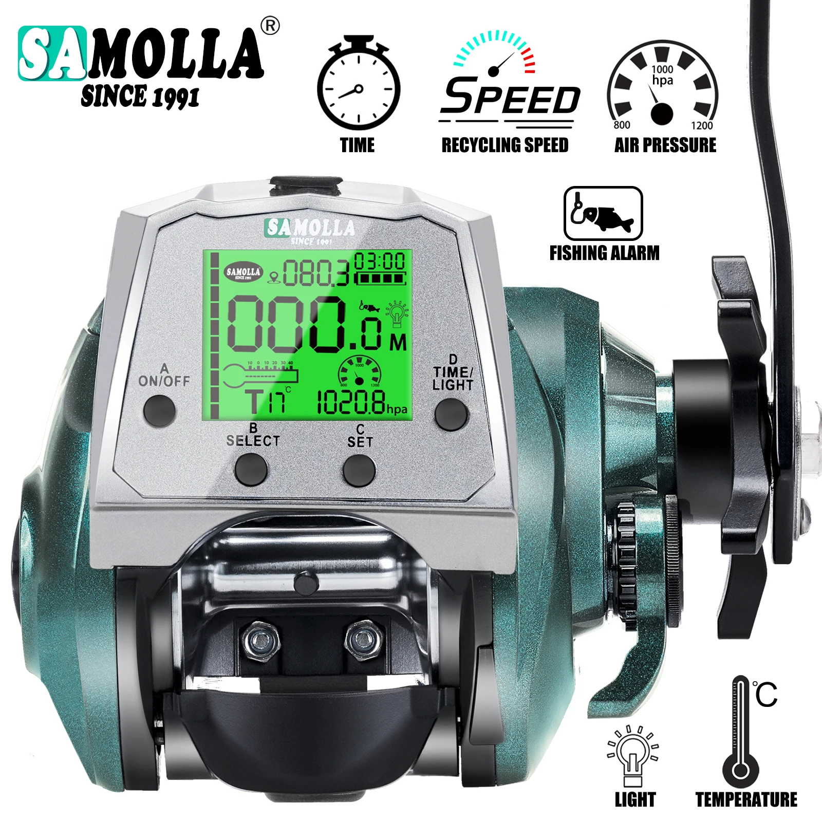 Carrete electrónico Baitcasting Samolla con pantalla USB para pesca en mar