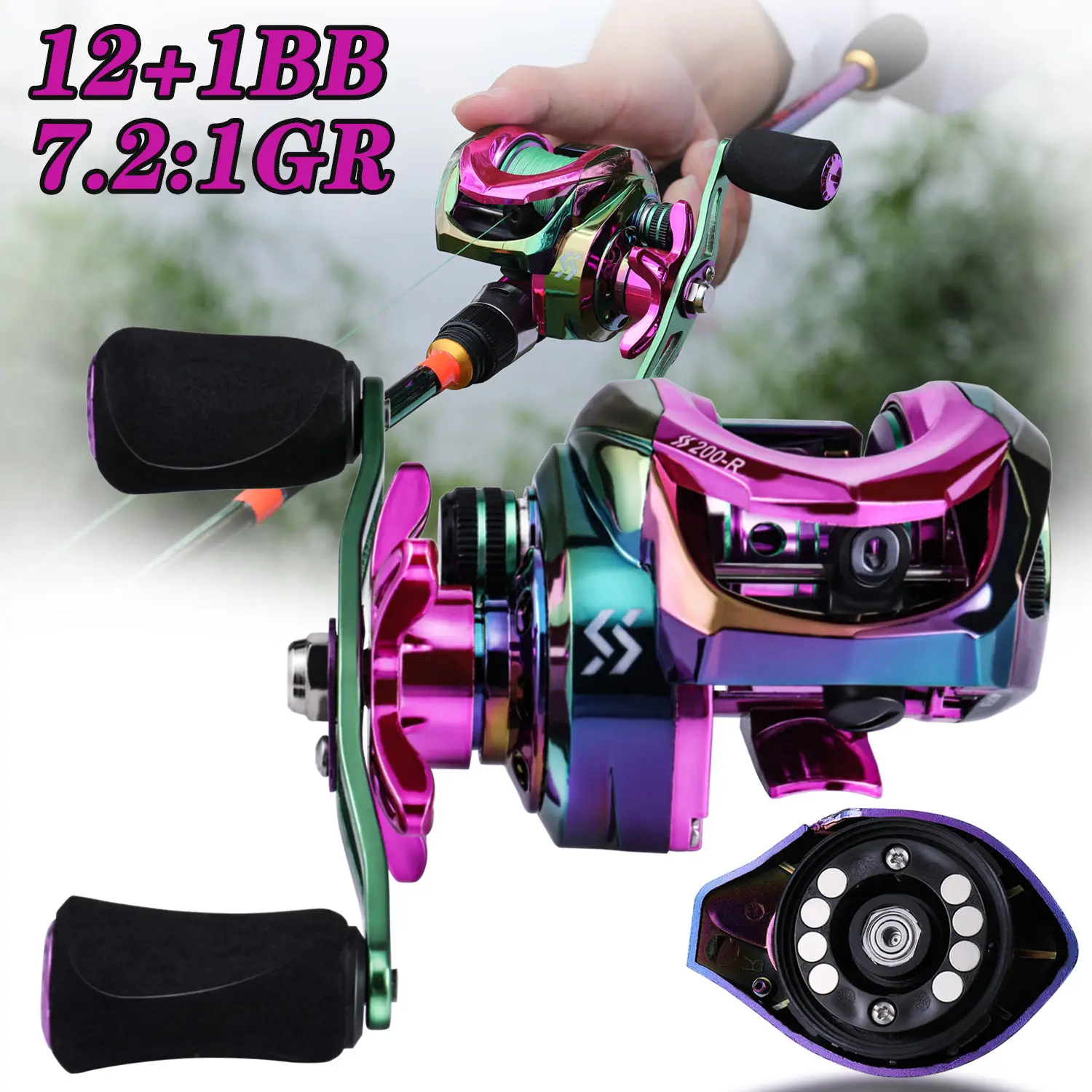 Carrete de baitcasting Sougayilang en vista frontal con detalle del carrete de aluminio