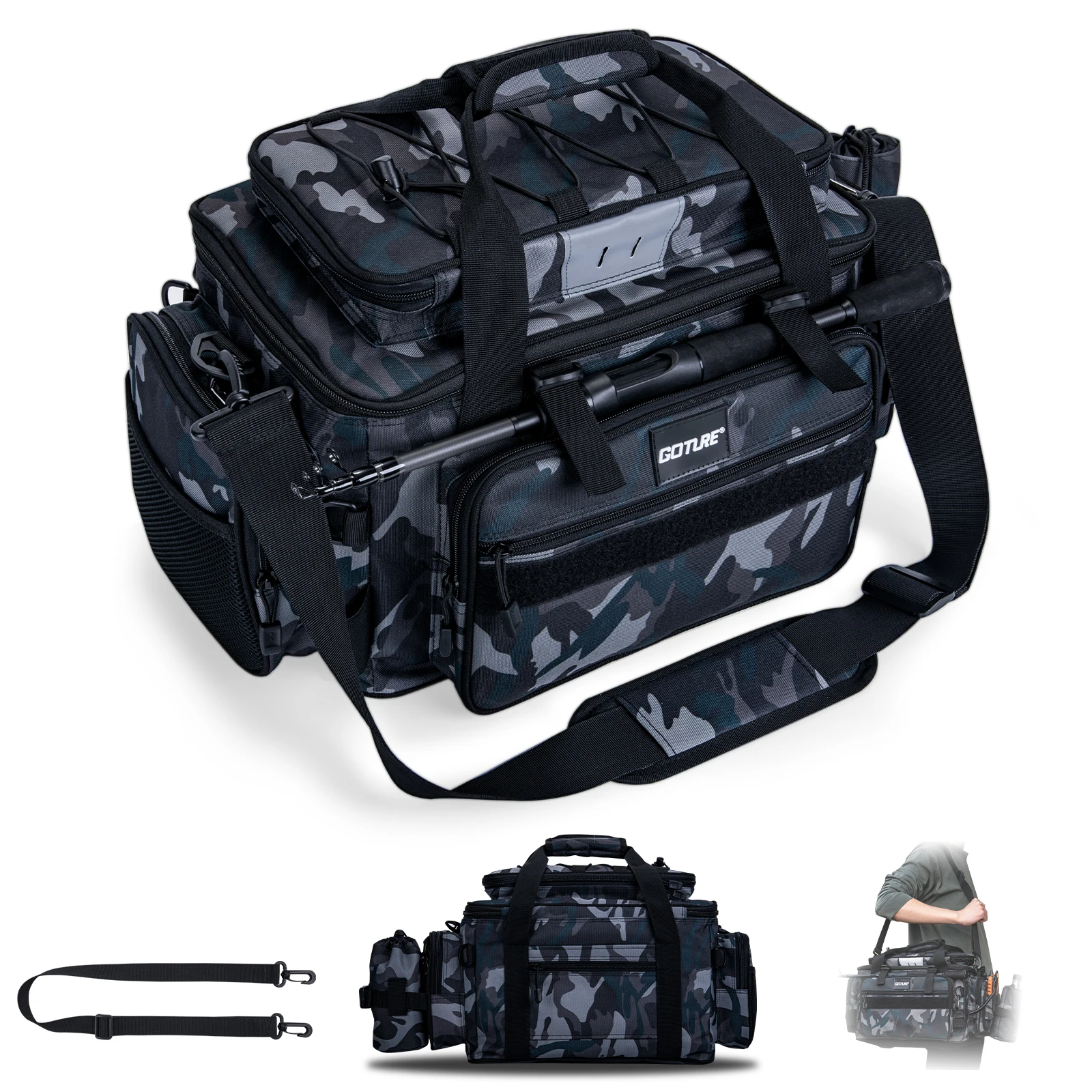 Bolsa de pesca Goture abierta mostrando su interior con compartimentos