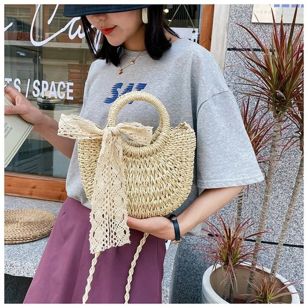 Bolso de ratán cruzado con cordón y lazo de encaje para verano - imagen 5