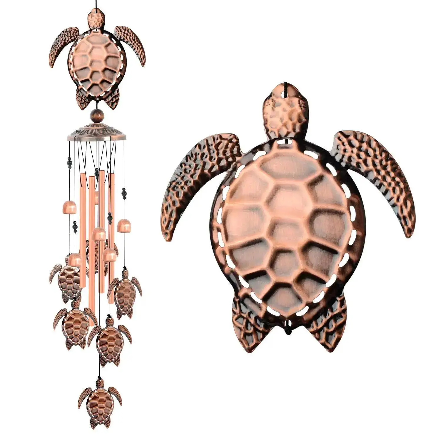 Campana de viento con diseño de tortuga colgando en exterior