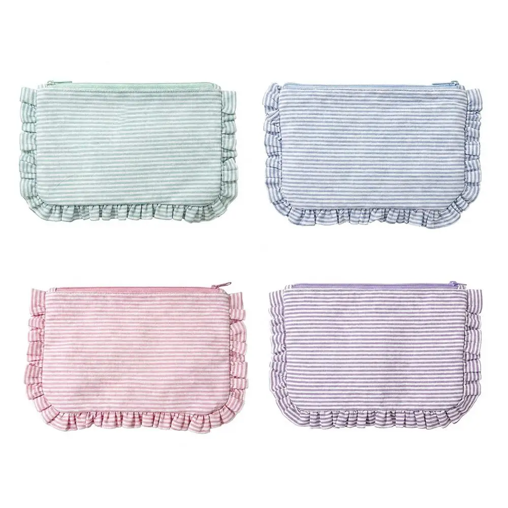 Bolsa de maquillaje multifuncional con volantes a rayas y cremallera - imagen 5