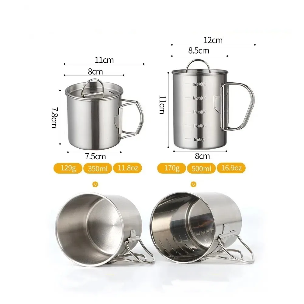 Taza de acero inoxidable para acampar con mango plegable y tapa