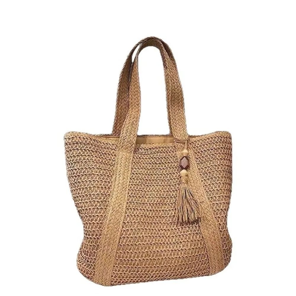 Bolso Tote sólido con borla, gran capacidad, tejido a mano mujer - imagen 3
