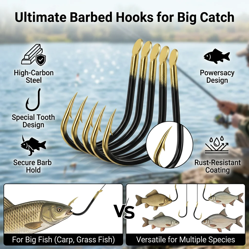 Anzuelo Iseama Black-Gold Ghost Tooth de acero con barbas – Carpa - imagen 5