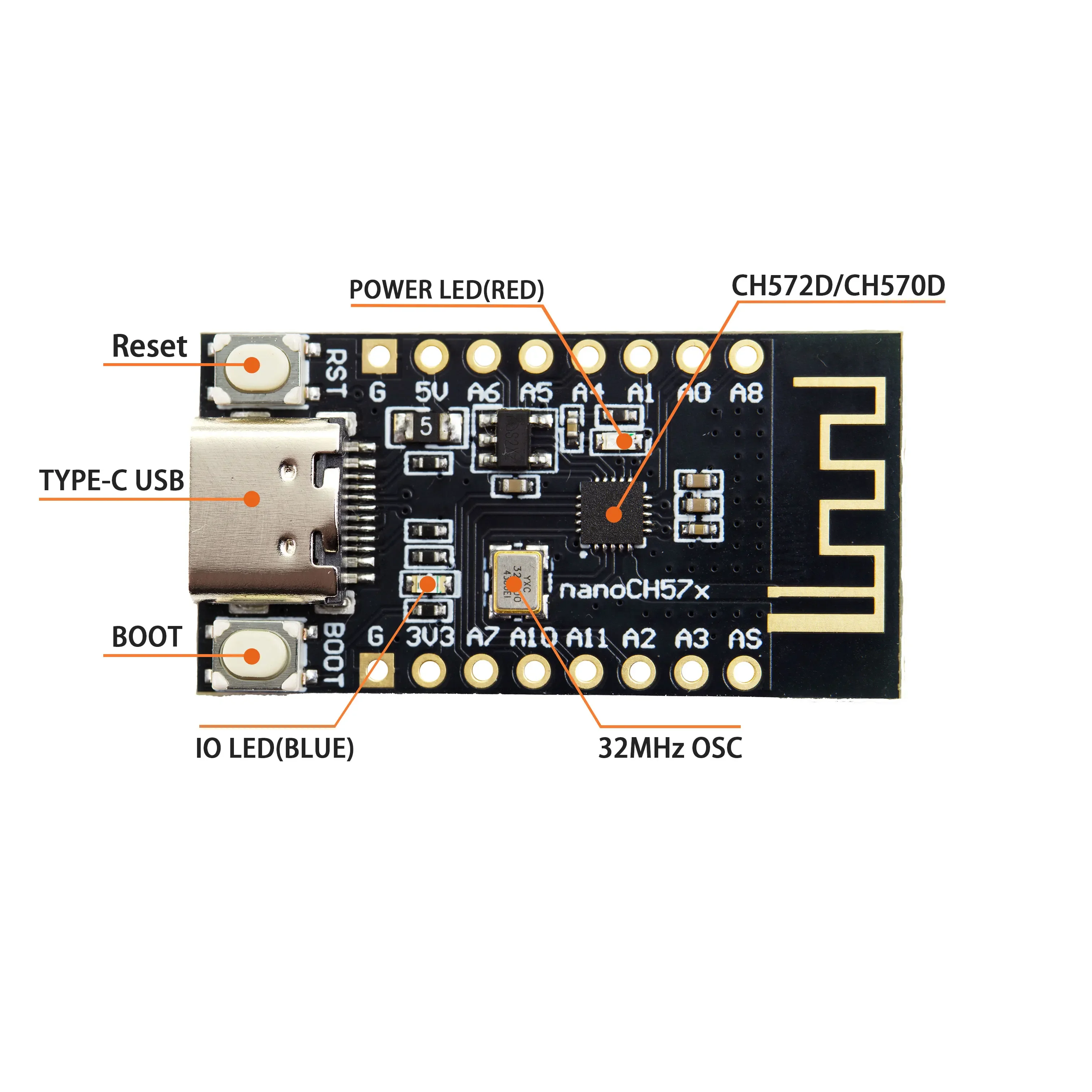 nanoCH57x placa de desarrollo RISC-V BLE RF 2,4 GHz USB-C - imagen 2