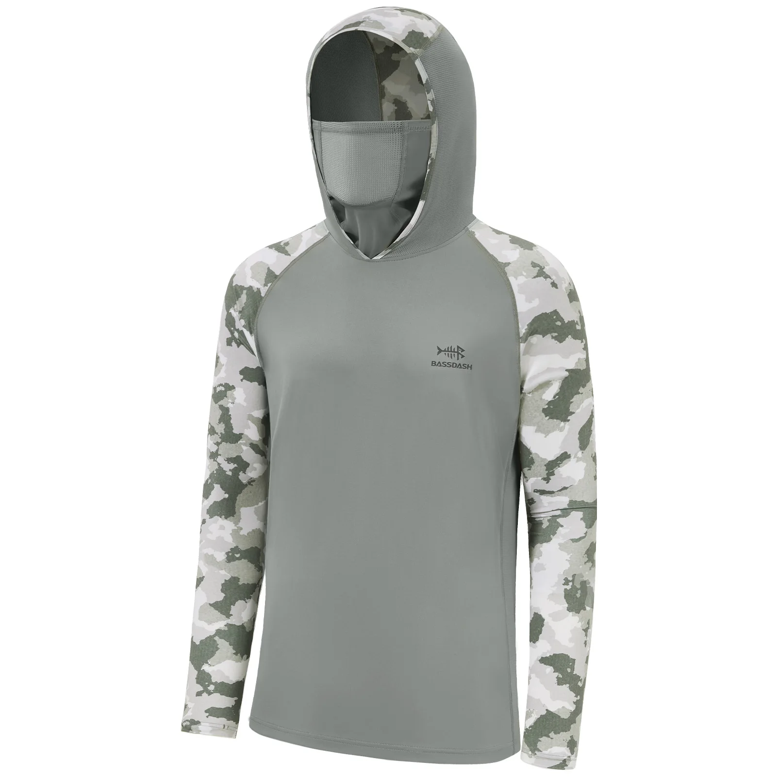 Camisa camuflaje UPF 50+ con capucha y polaina Bassdash para pesca y senderismo
