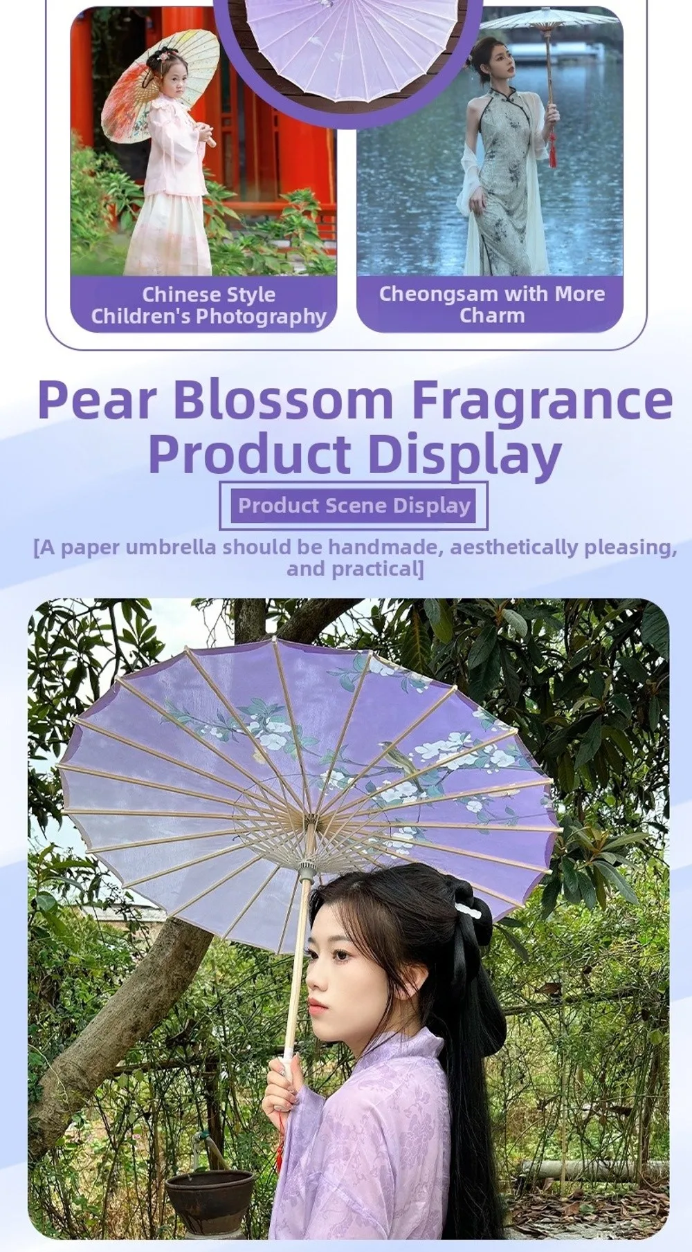Sombrilla Hanfu de papel encerado, borlas en seda y estilo antiguo