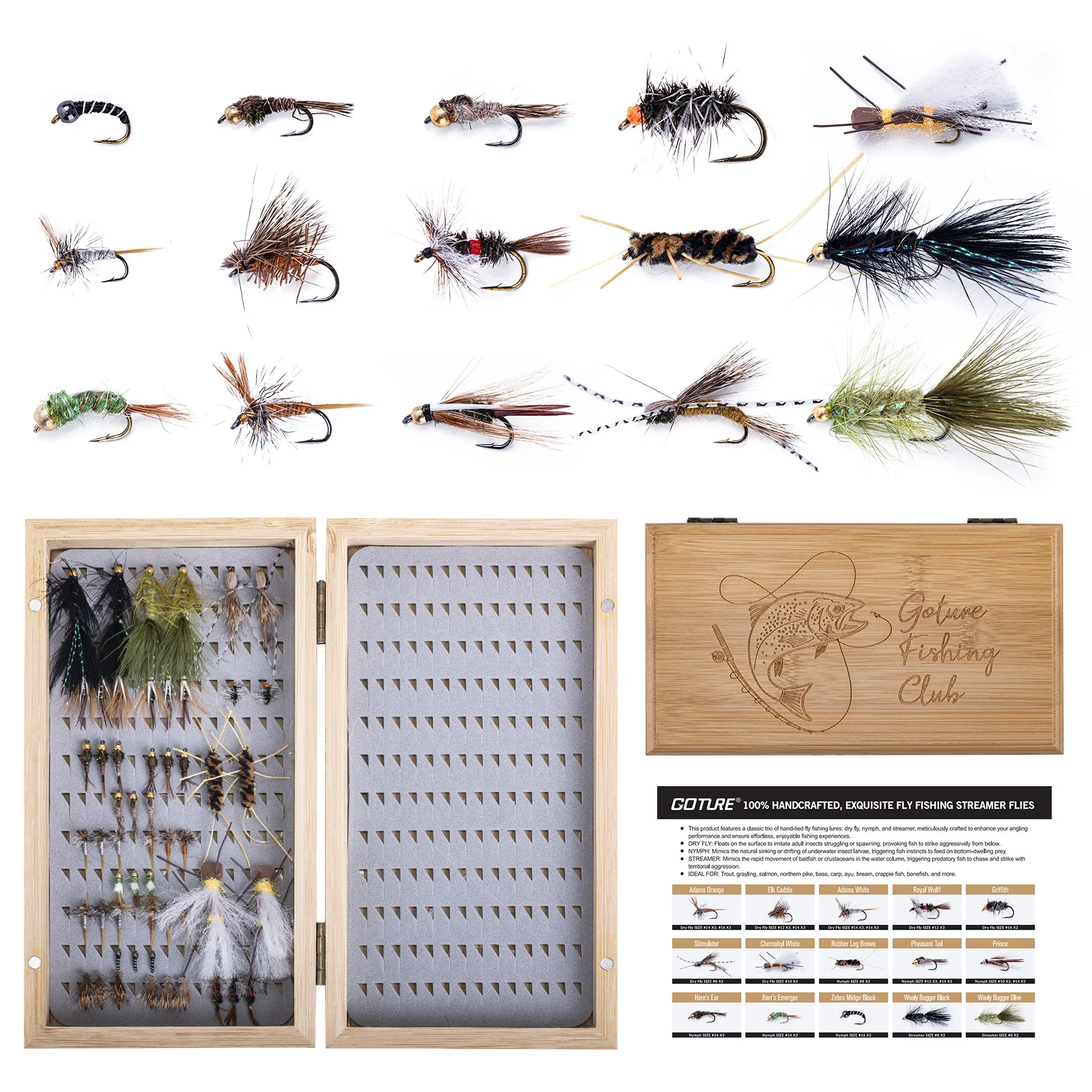 Goture Kit de moscas para pesca con mosca en caja de bambú atadas - imagen 2