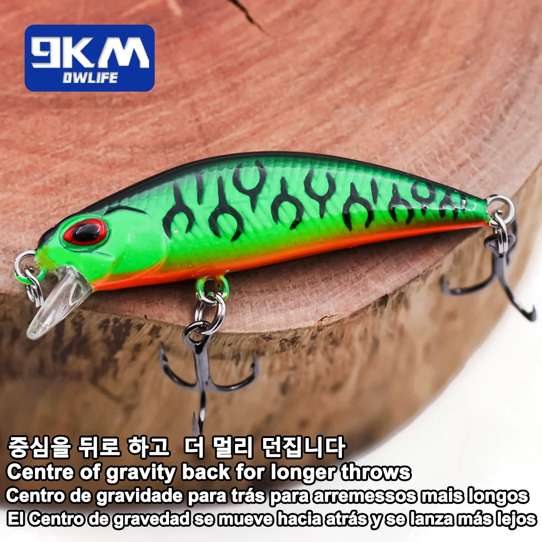 Señuelo Minnow Mini desde varios ángulos mostrando su perfil alargado y colores brillantes