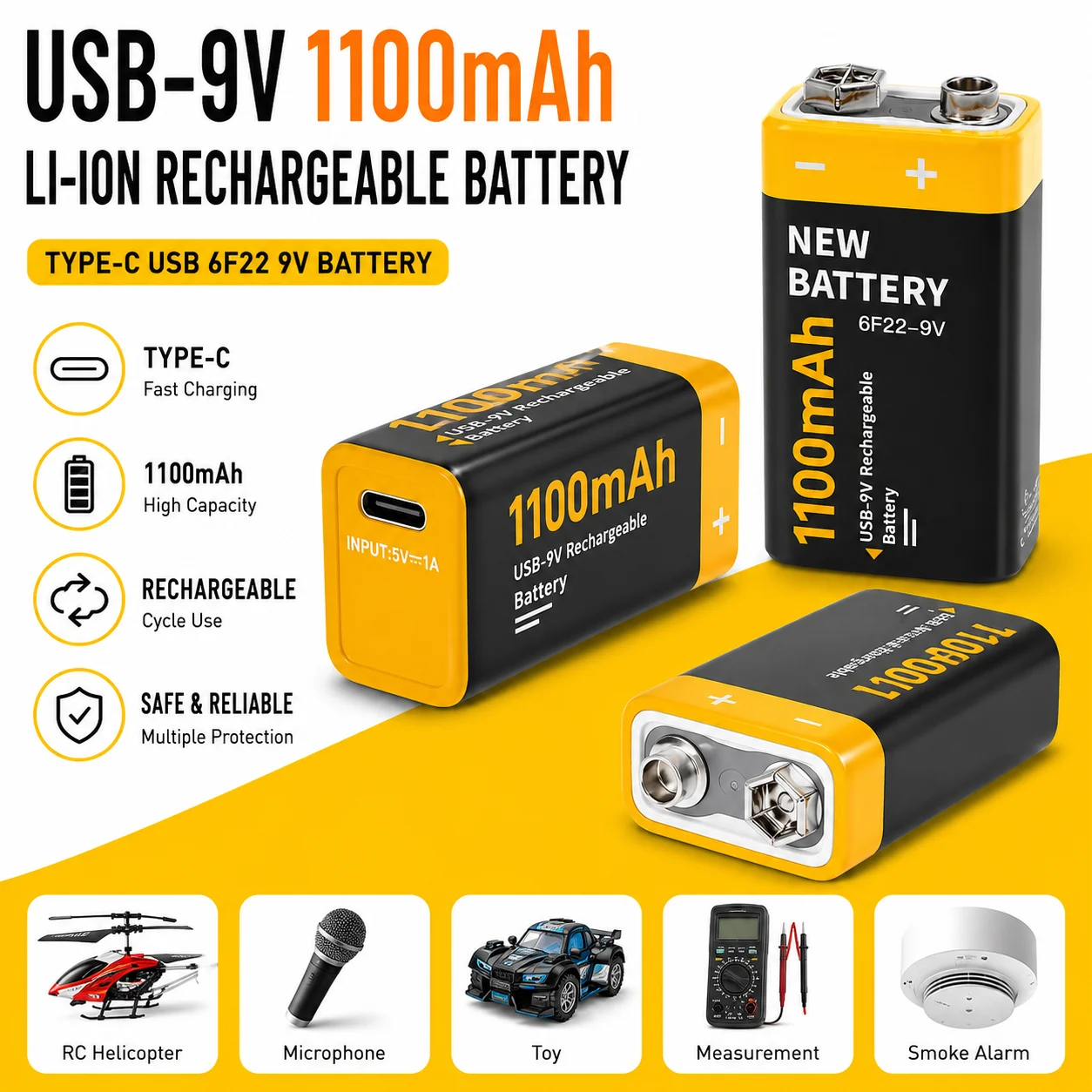 Batería recargable 9V USB-C para RC, micrófono y juguetes