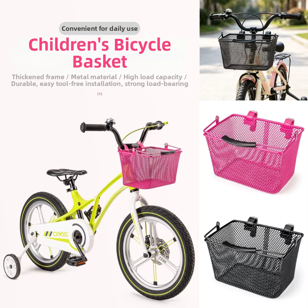Cesta delantera infantil para bicicleta con asa – Negro y rosa, 24,5x18x14 cm - imagen 5