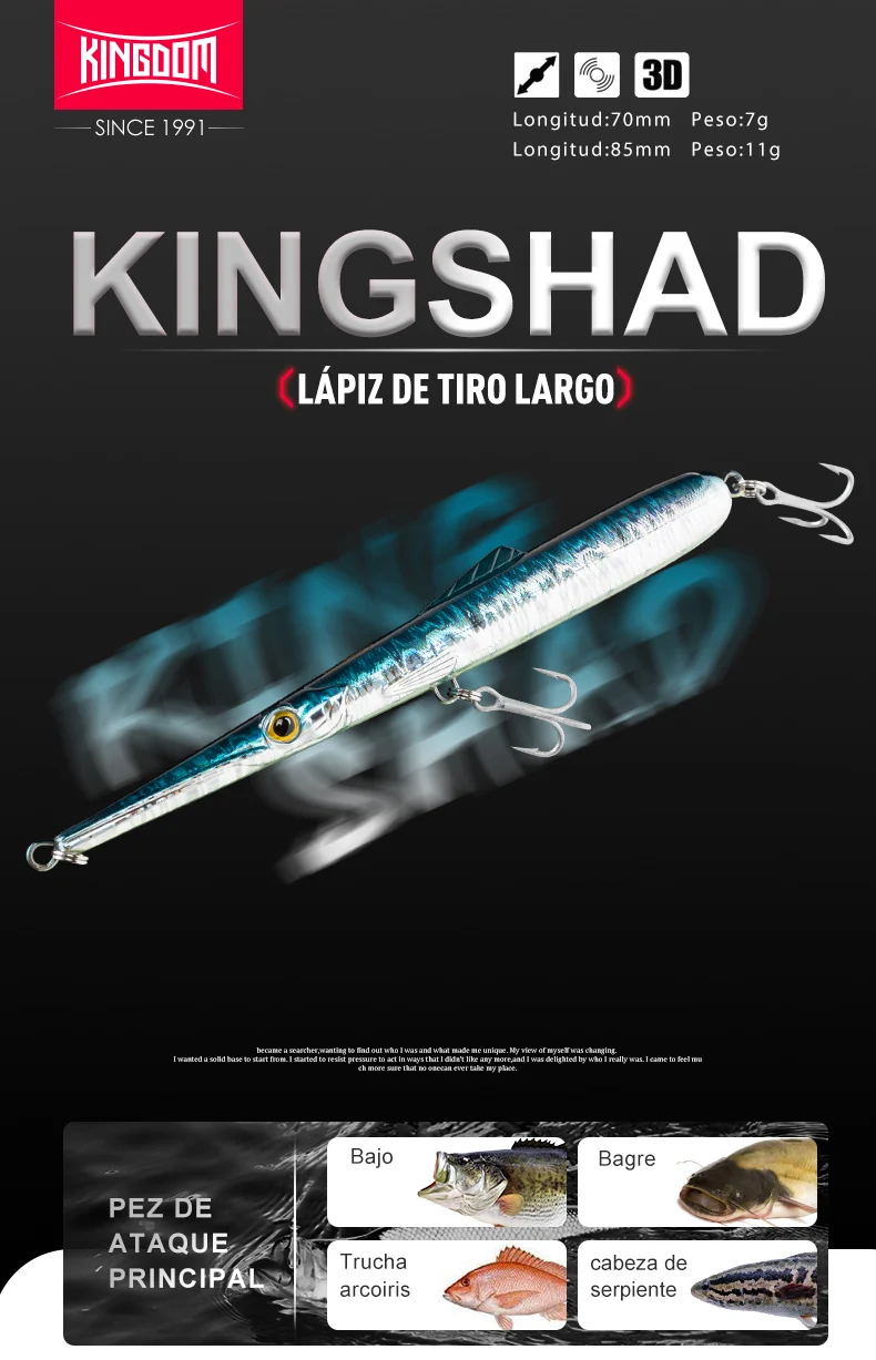 Señuelo Kingdom tipo pencil para pesca de lubina en agua salada