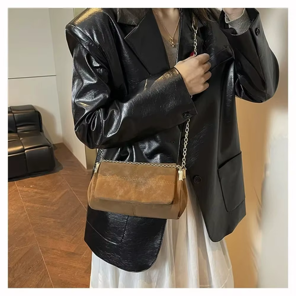 Bolso bandolera mujer de cuero suede con cadena – Gran
