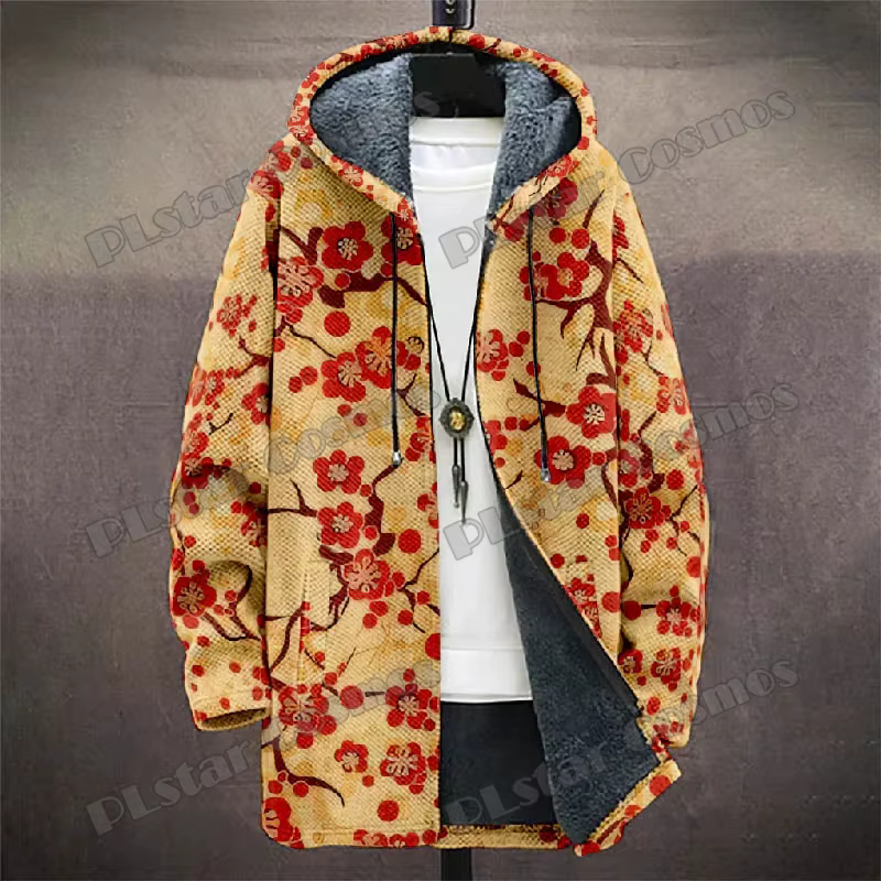 Abrigo largo de hombre con capucha, felpa y estampado floral 3D - imagen 3