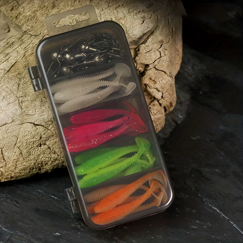 Set 35 Señuelos Blandos Cola en T con Caja – Equipos y Atriles de Pesca - imagen 2